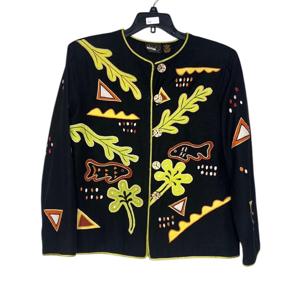 Julia Kin Sea Life Appliqué Cotton Rayon Flax Boho Artsy Embroidered Jacket L